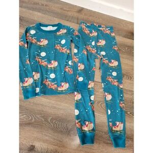 Hanna Andersson Santa Sleigh Reindeer Pajamas Organic Cotton Teal 8 Christmas #S